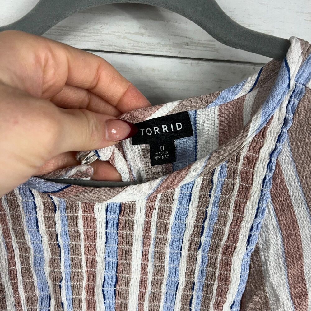 Torrid Blue Multi Stripe Gauze Crinkle Smocked Tank Top - Picture 5 of 5